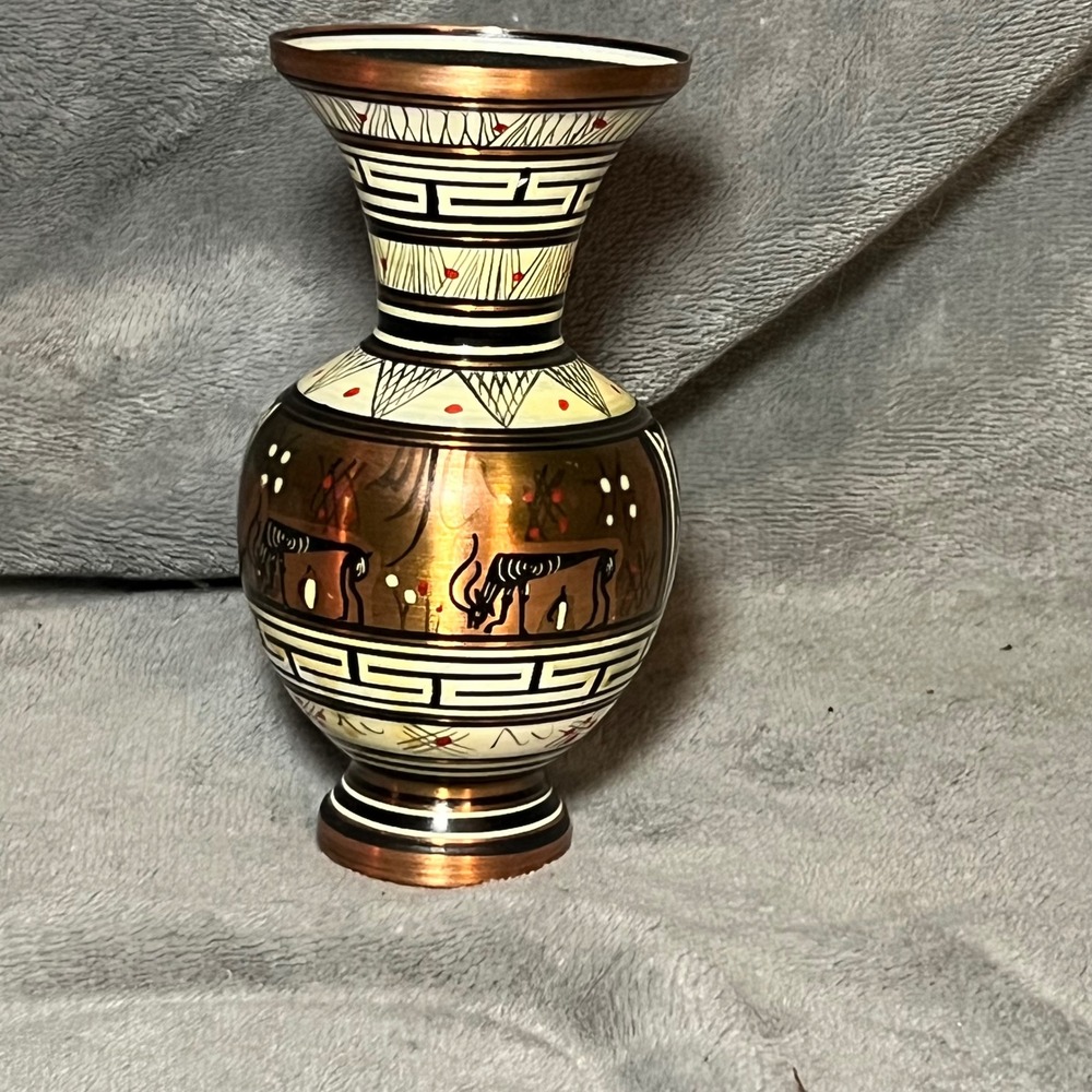 Vintage Hand Painted Copper Vase Greek Key Ethnic Folk Art Decor 5.5" Jar